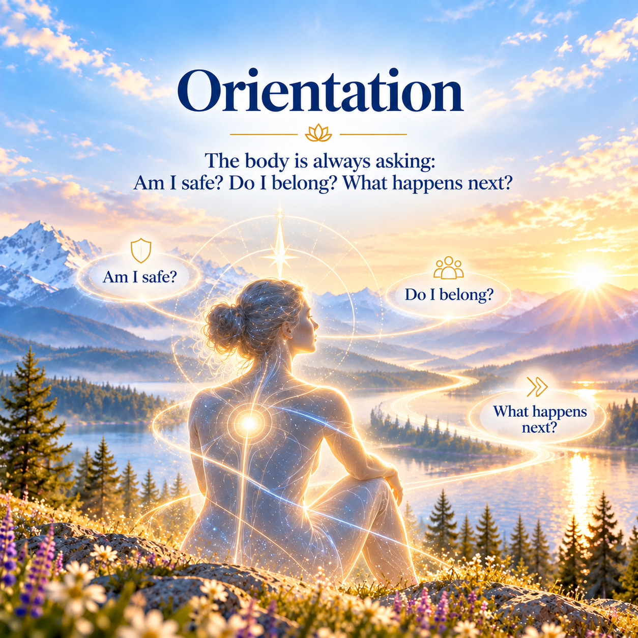 Orientation illustration showing the Three Questions: Am I safe? Do I belong? What happens next?