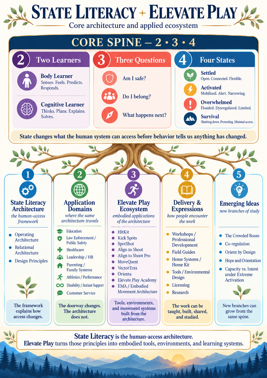 State Literacy architecture showing the framework, application domains, Elevate Play ecosystem, delivery pathways, and emerging ideas.
