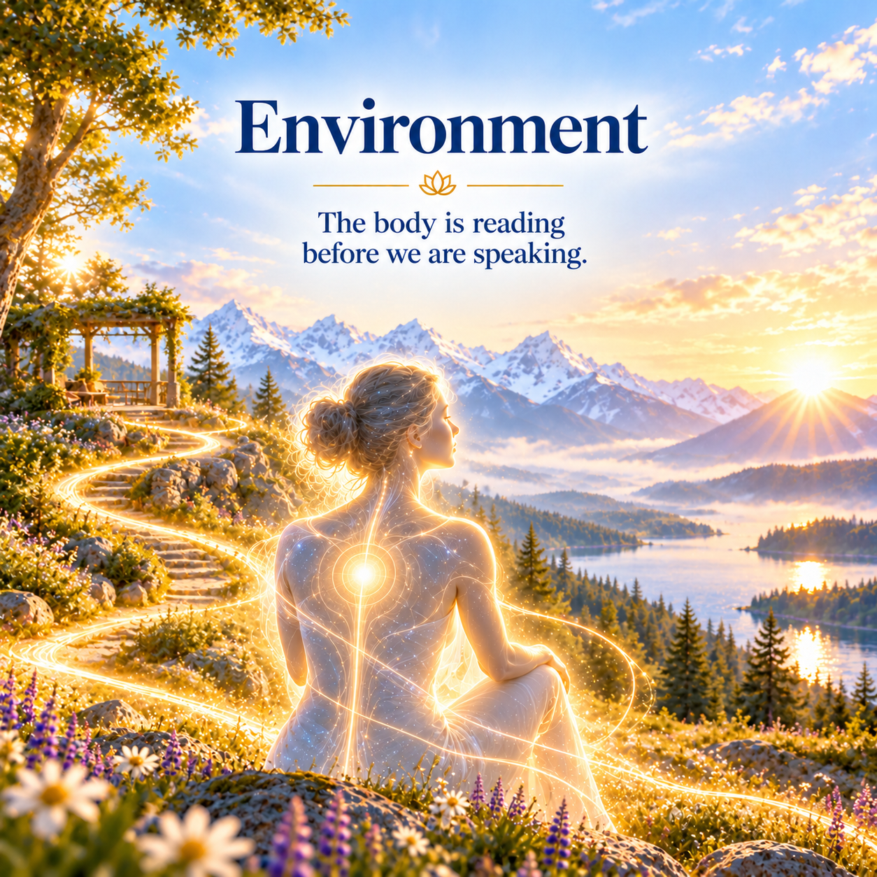 Environment illustration showing a woman in a mountain landscape with light trails representing environmental cues and body awareness.