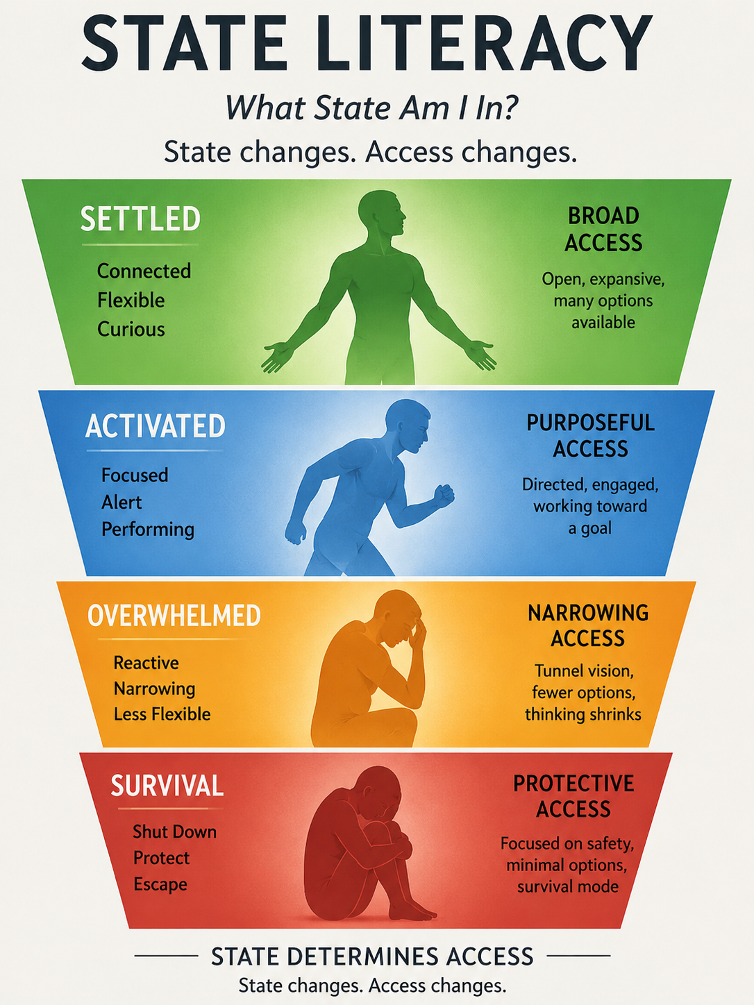 State Literacy four-state funnel showing Settled, Activated, Overwhelmed, and Survival with changes in access.