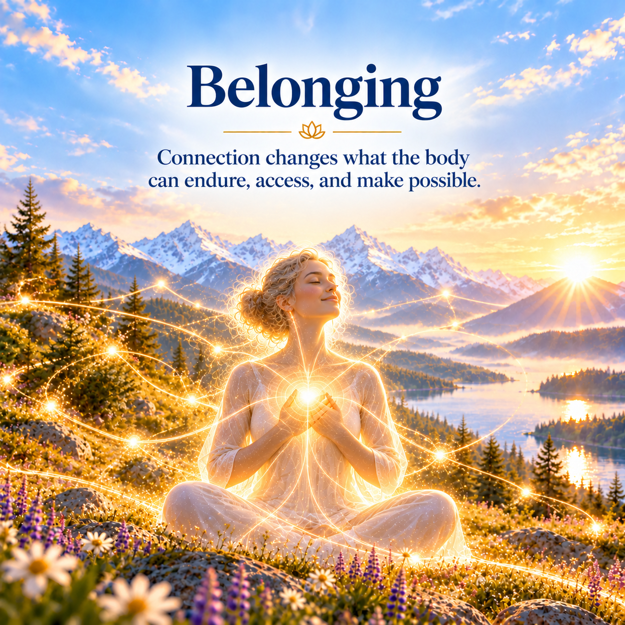 Belonging illustration showing a woman surrounded by interconnected light, representing human connection and access.