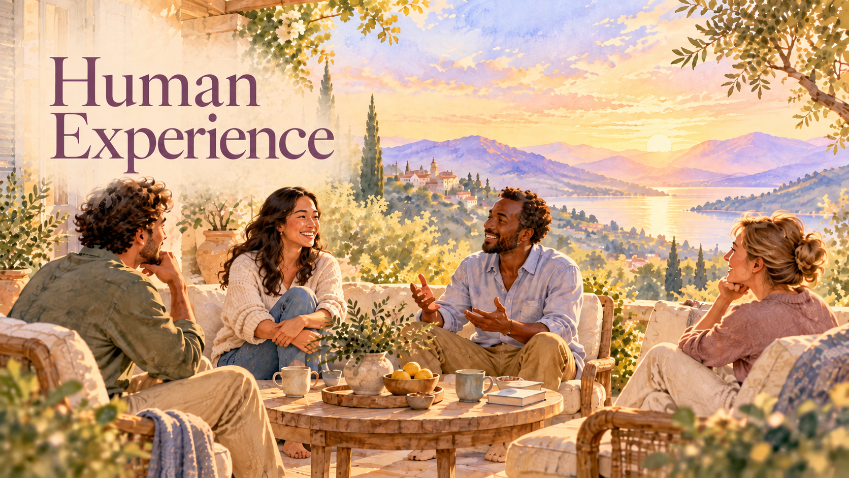 Human Experience illustration showing a small group in conversation in an outdoor setting.