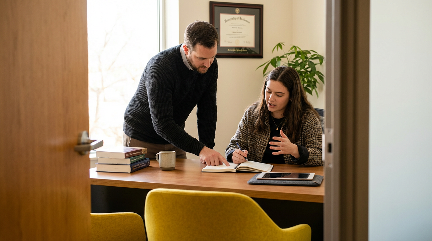 A man and woman in an office having a discussion at a wooden desk. The man is standing, pointing at a book, while the woman is sitting and speaking. There are books, a mug, a tablet, and a notebook on the desk. A framed diploma and a potted plant are on the wall behind them.