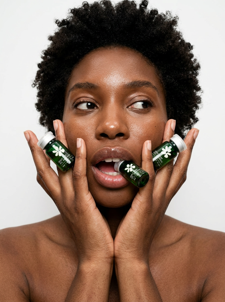 Femme tenant le Colloïde botanique OiliCraft, sérum capillaire liquide aux actifs naturels.