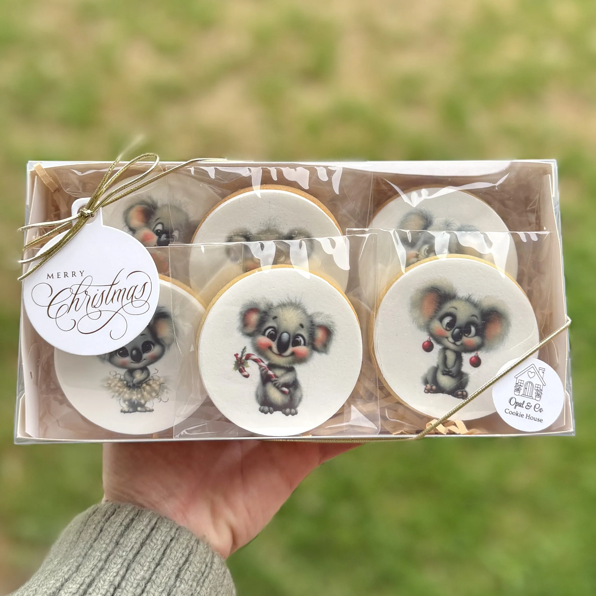 A person holding a gift box with Christmas-themed cookies inside, decorated with cute koalas