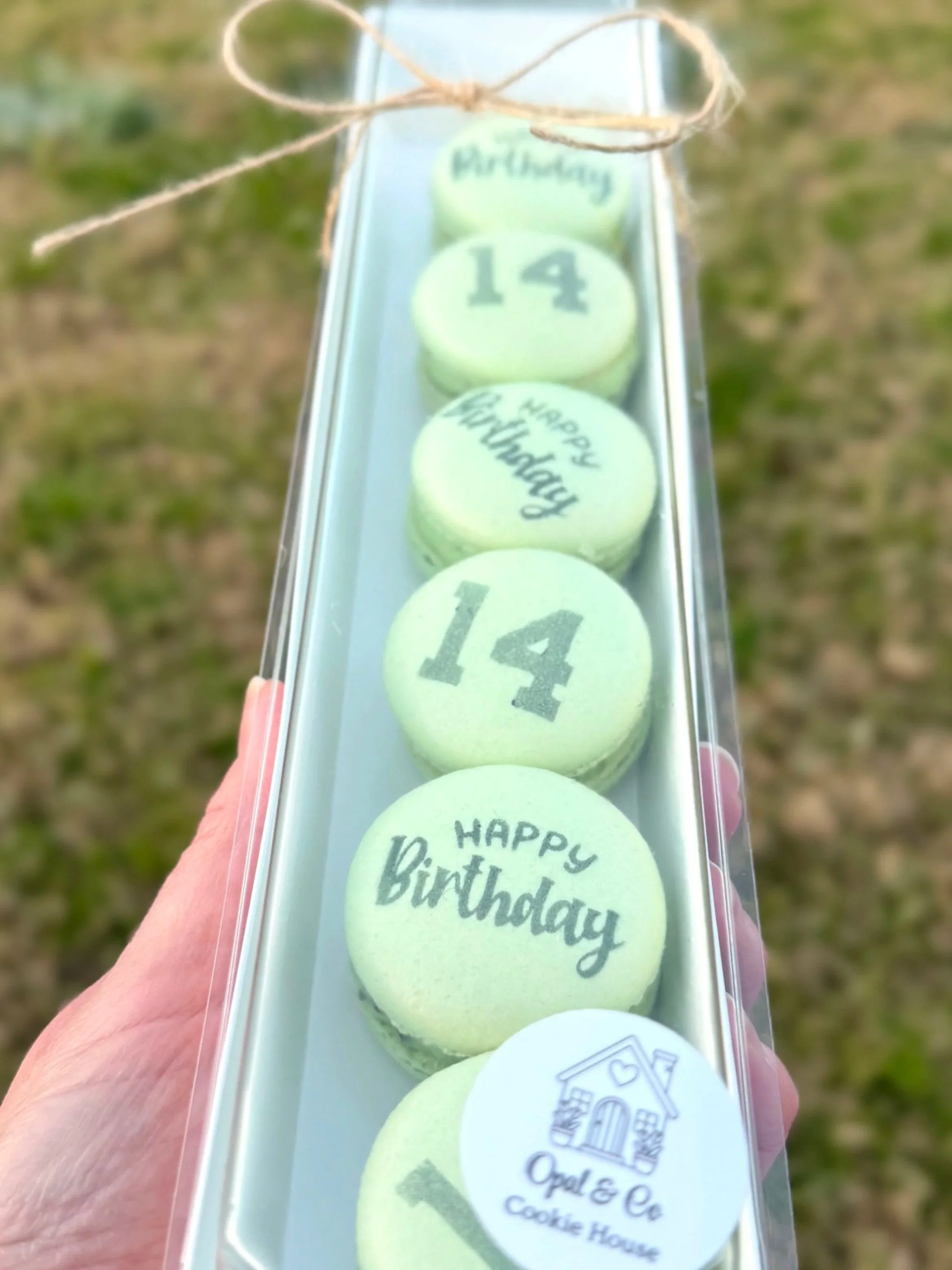 A clear plastic box containing round, green macarons with black airbrushed messages including "14" and "Happy Birthday"