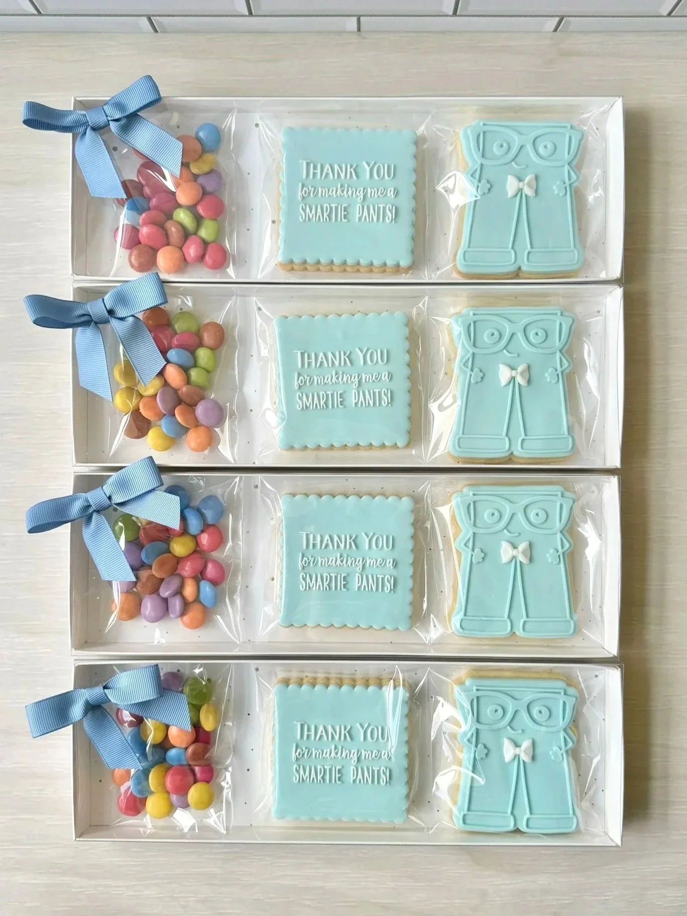 Teacher appreciation cookie packs featuring 'Thank you for making me a Smartie Pants!'