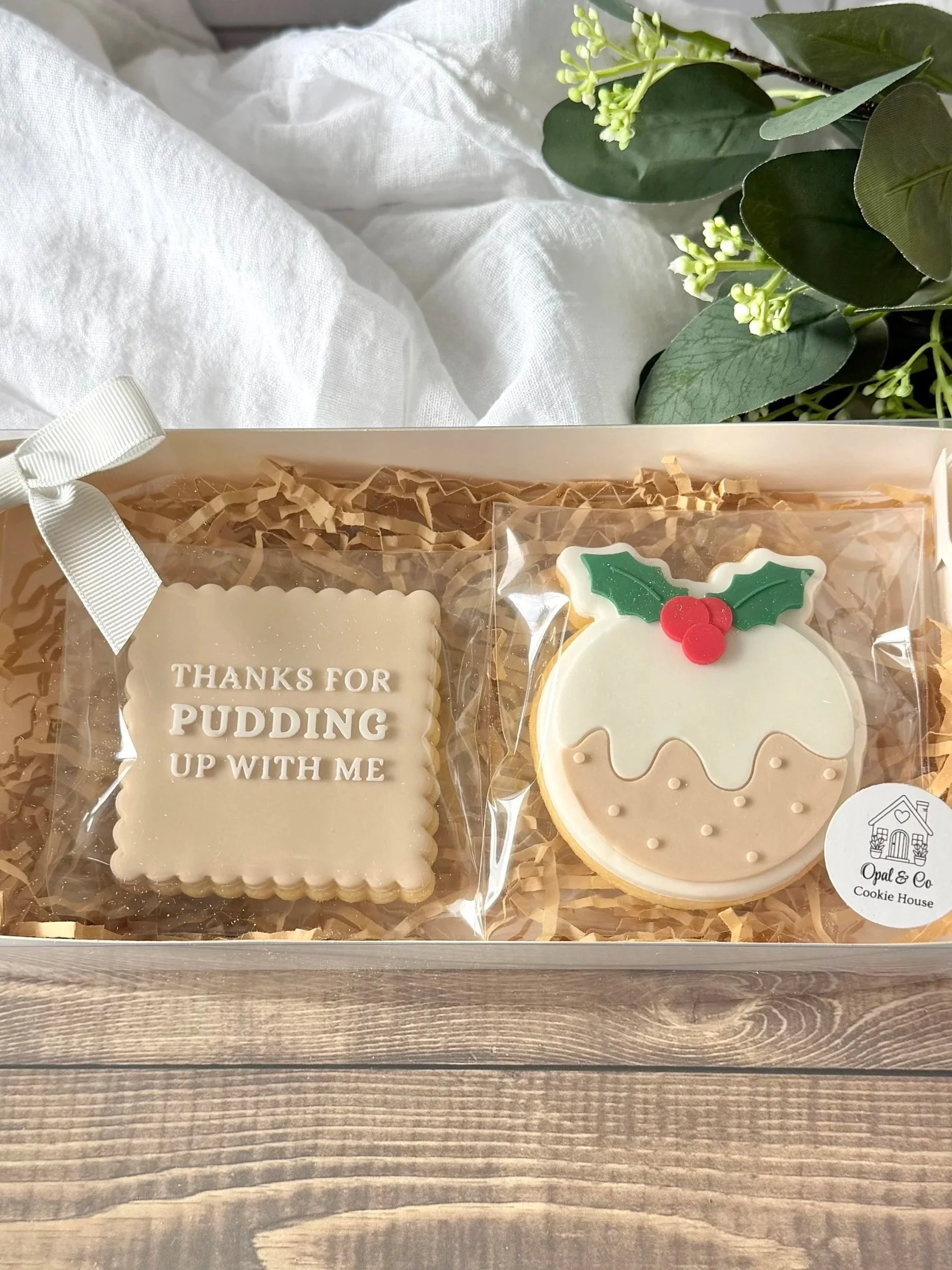 Christmas themed teacher appreciation gift pack featuring 'Thanks for Pudding up with me'