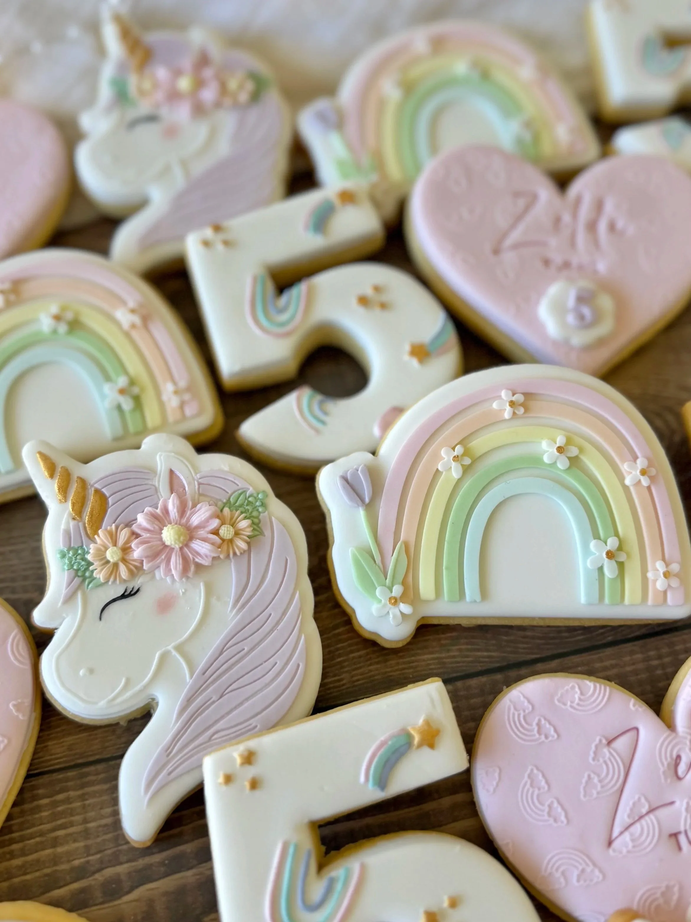 Rainbow and unicorn birthday cookies