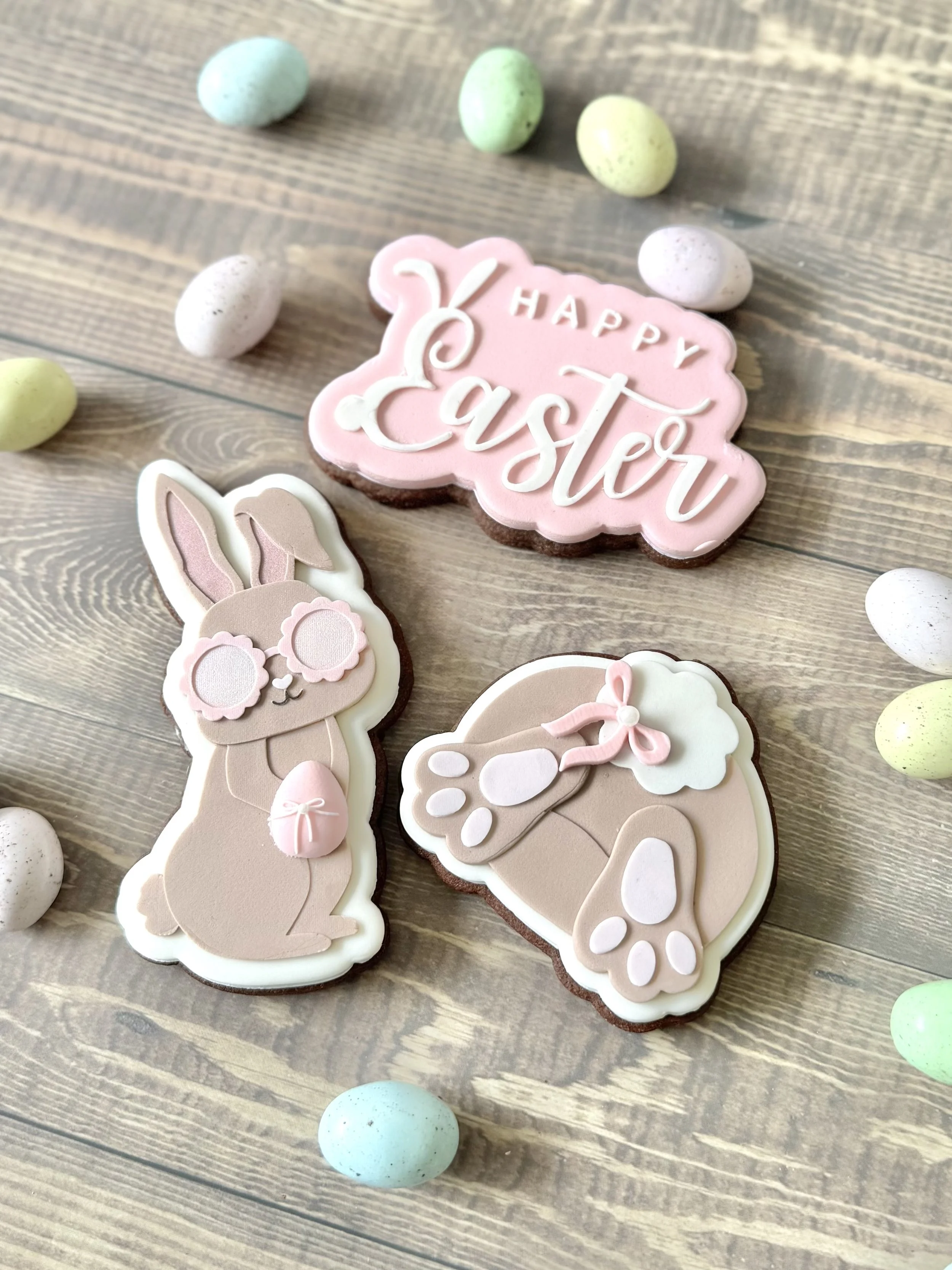 A groovy hippie easter bunny, with a bunny butt and happy easter plaque