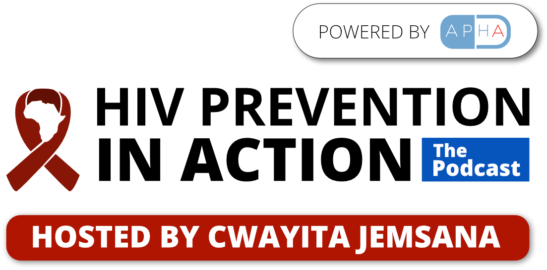 Logo for a podcast titled 'Powerful Voices,' powered by APHA, with a red ribbon representing HIV/AIDS awareness, and hosted by Cwayita Jemsana. The logo includes the text 'The Podcast' in a blue box and a red banner at the bottom with white text indicating the host's name.
