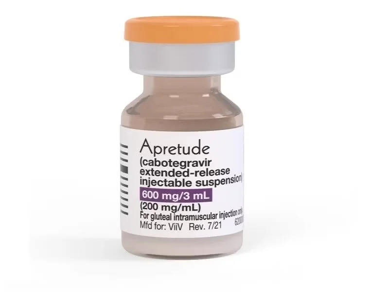 A small vial of Apretude, a medication containing cabotegravir used for delayed-release injectables, with a white label indicating dosage and manufacturer details.