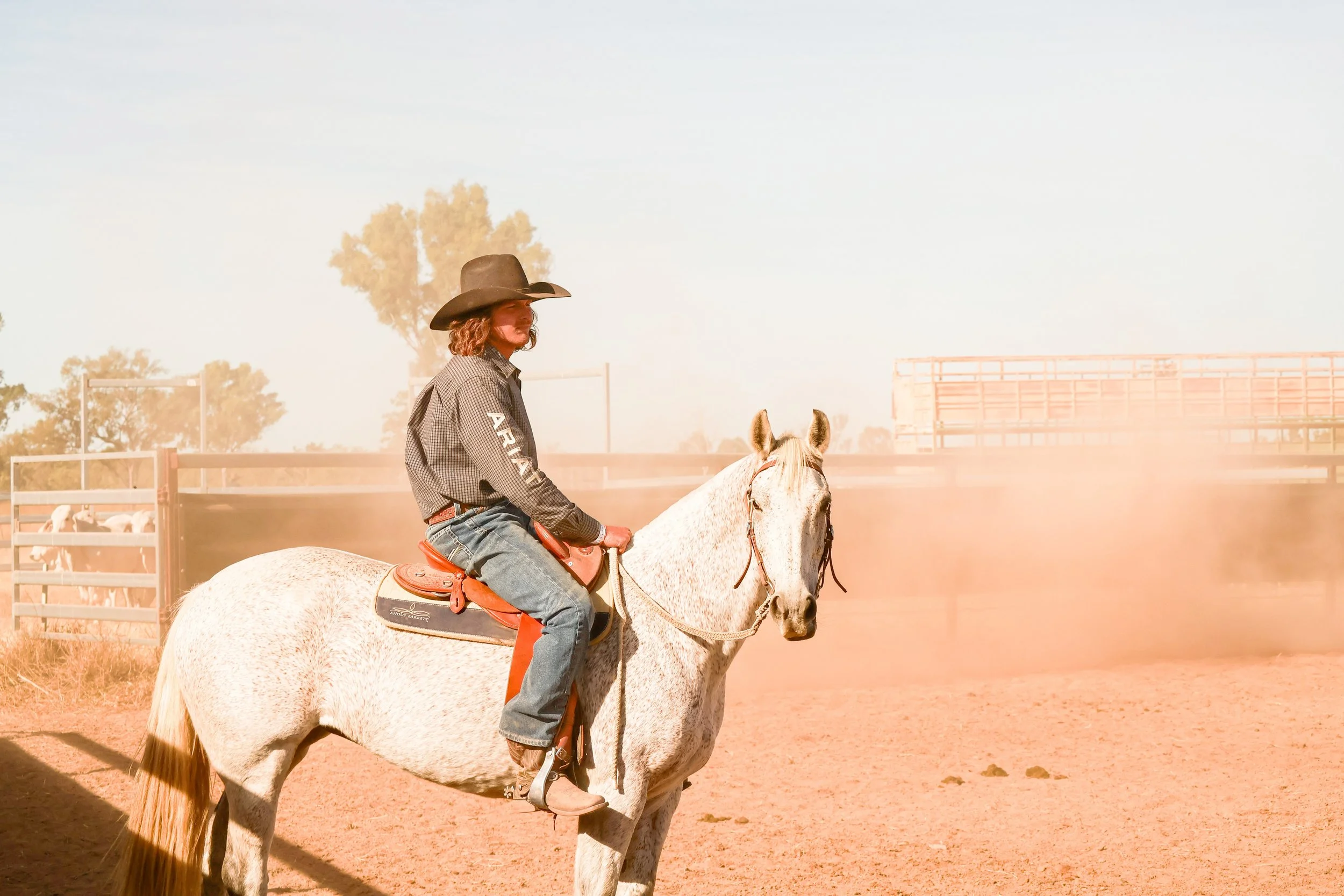 A person wearing a cowboy hat and checkered shirt riding a white spotted horse in an outdoor arena with fencing and trees in the background.
