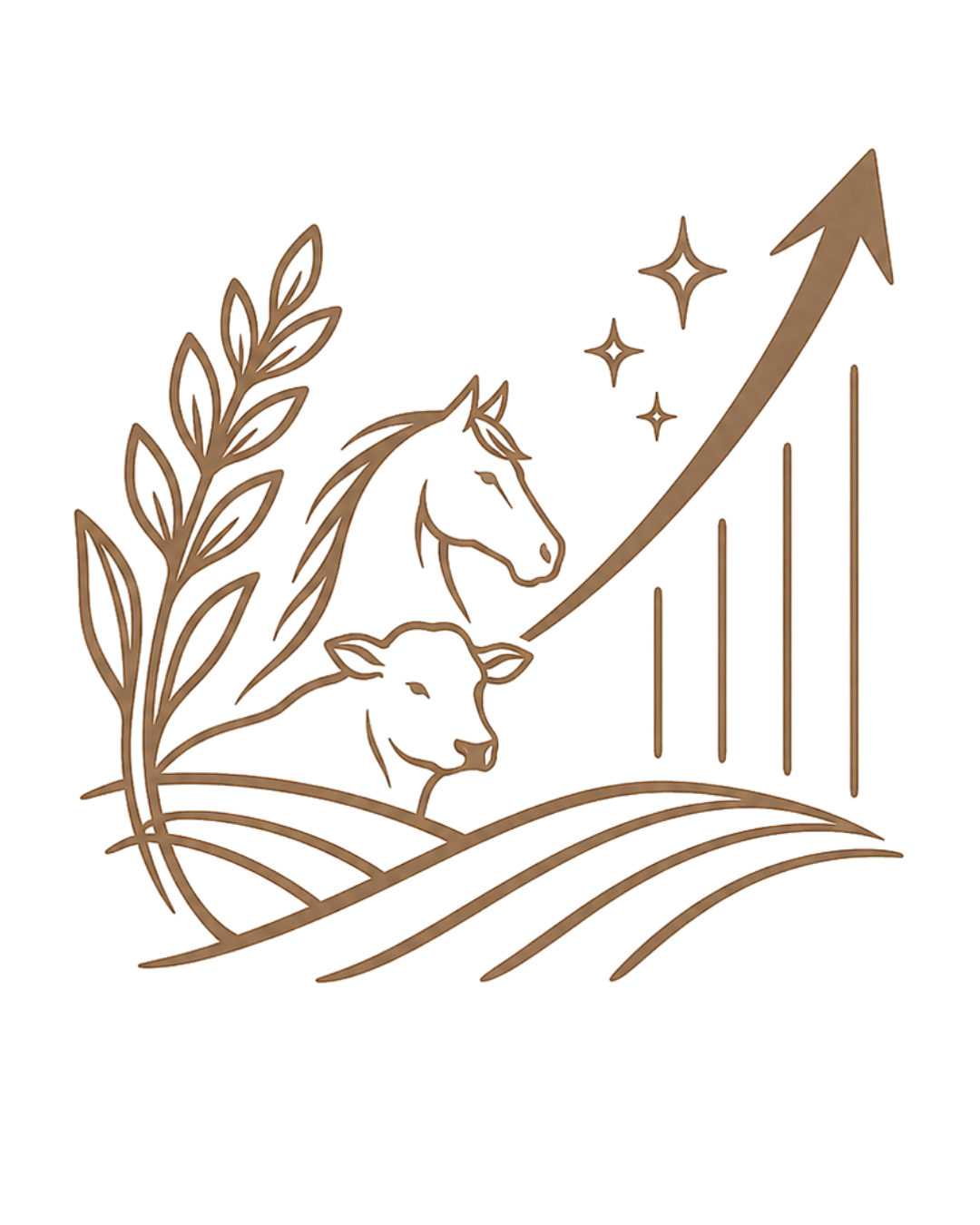 A stylized logo featuring a horse, cow, and wheat beneath an upward-trending arrow, with stars and abstract background elements.