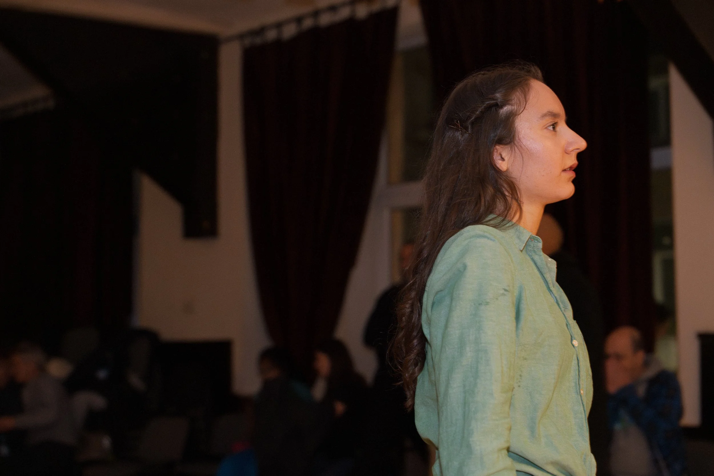A woman in profile with long, wavy hair, wearing a light green shirt, sitting indoors with dark curtains and blurred people in the background.