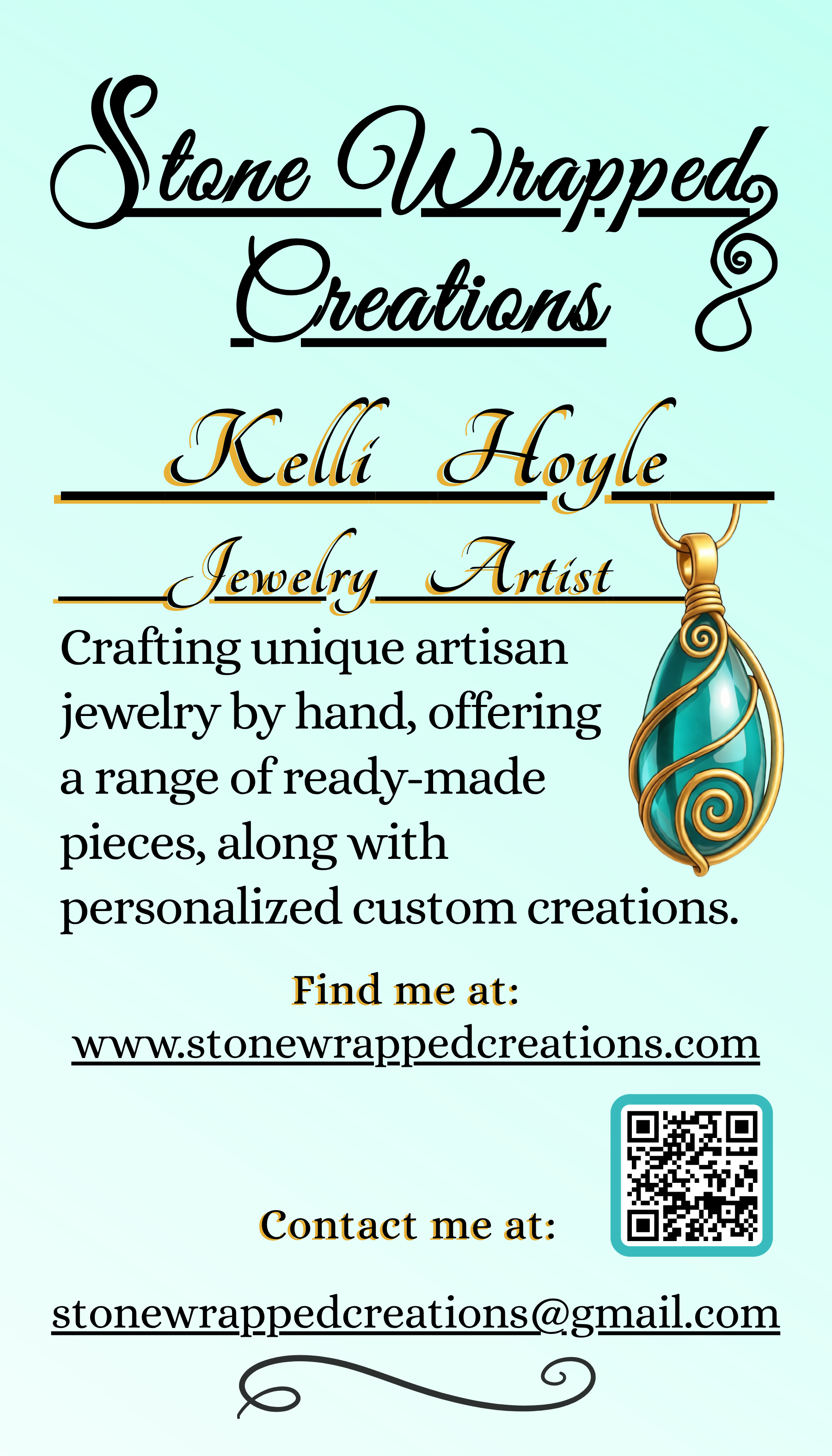 Business card for Stone Wrapped Creations, featuring a teal and gold pendant necklace, with contact information and website.