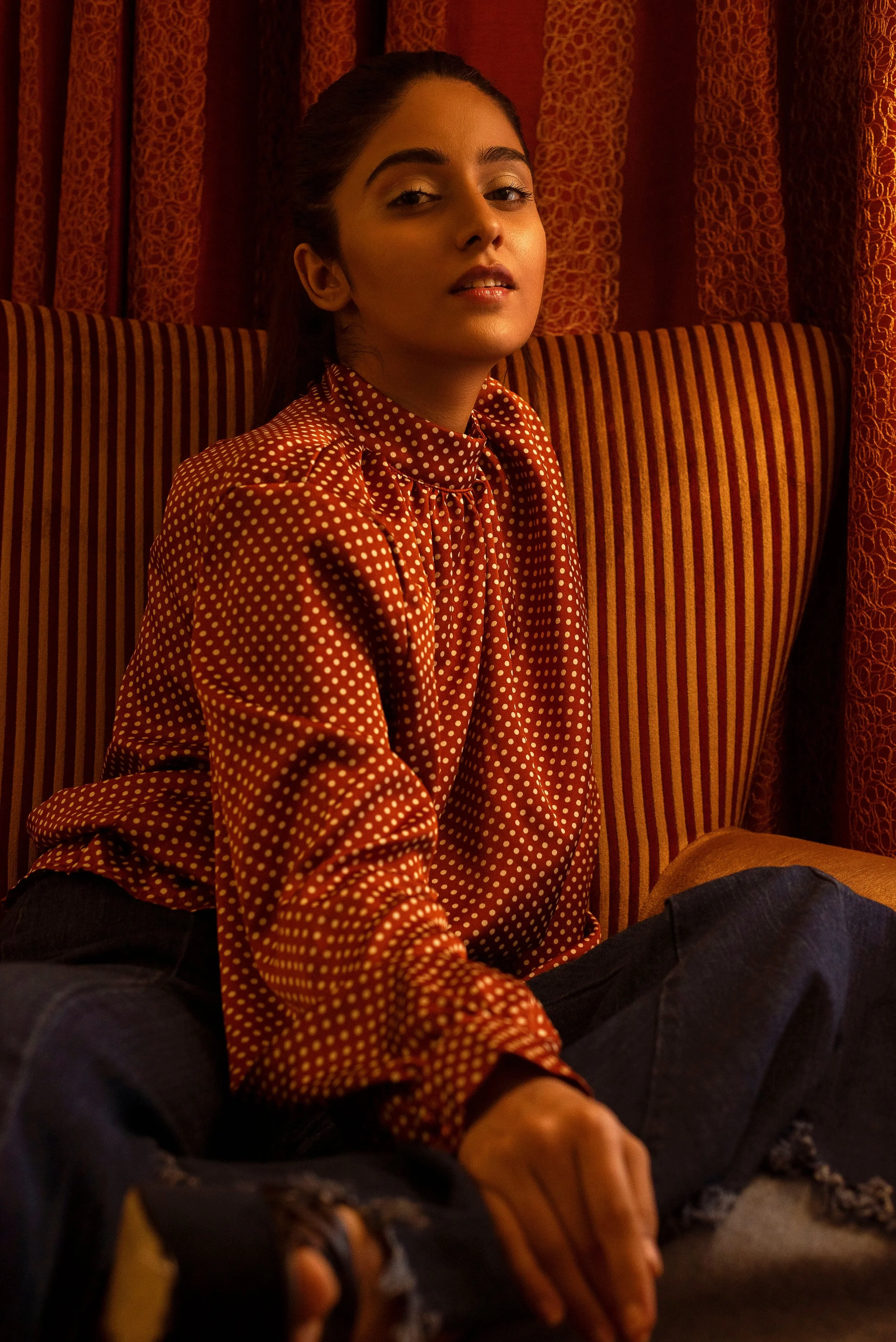 Polka Dot Fun - Brown Blouse With White Polka Dots