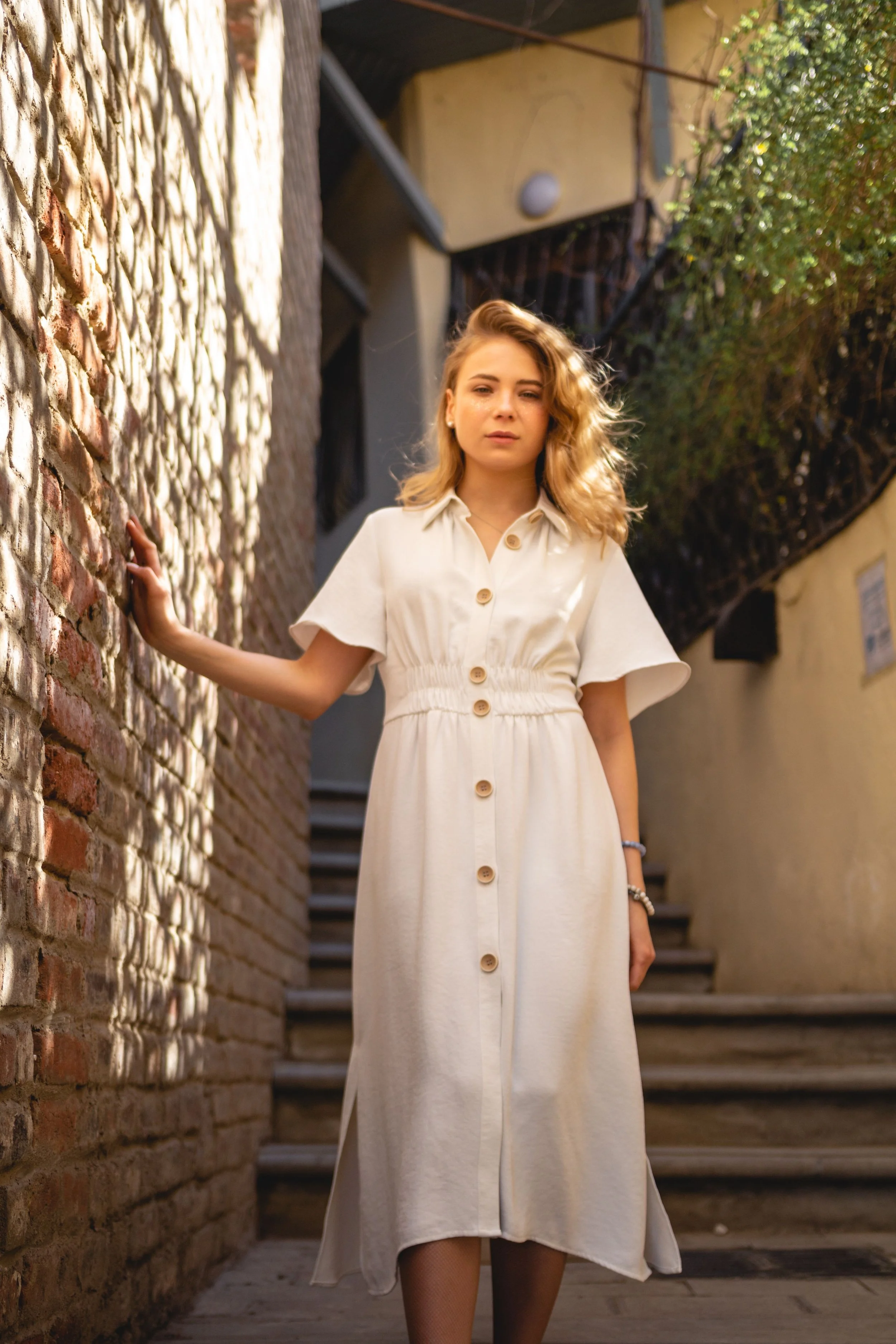 Beige Cotton Dress Short Sleeve