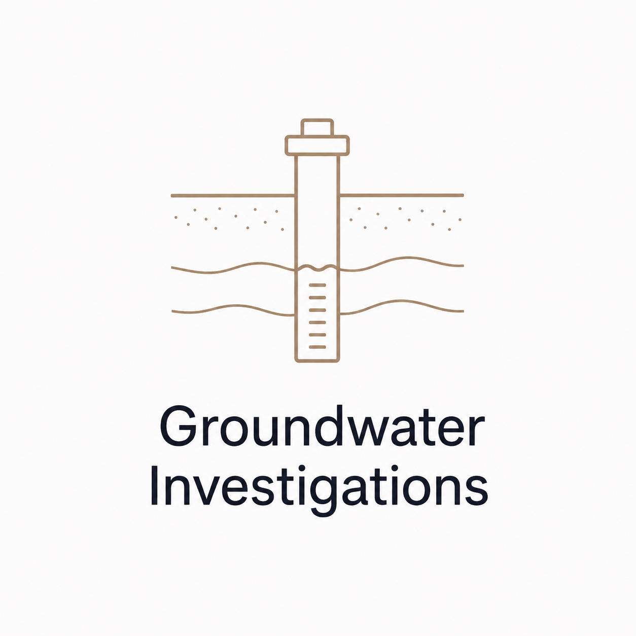 Line drawing of a groundwater well pipe underground with label 'Groundwater Investigations'.