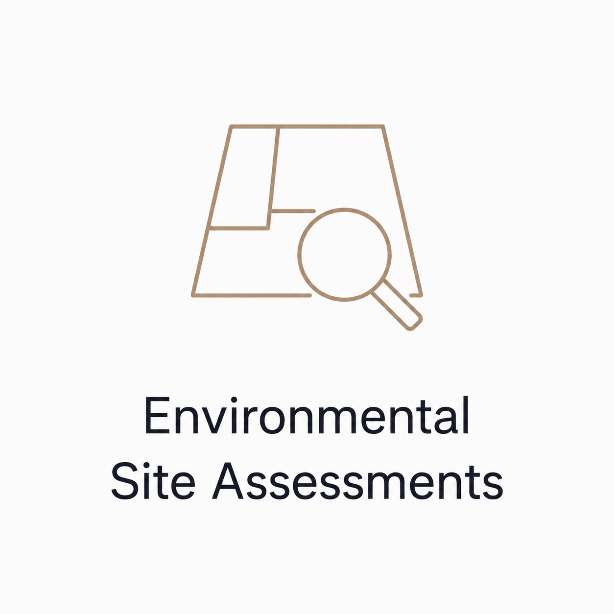 Icon of a paper with a magnifying glass, representing environmental site assessments, with the words "Environmental Site Assessments" below.