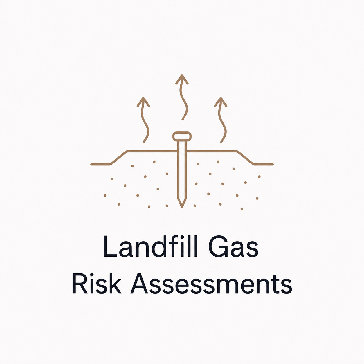 Line drawing of an underground pipe with gas escaping and rising gases indicated by arrows, above text reads "Landfill Gas Risk Assessments".