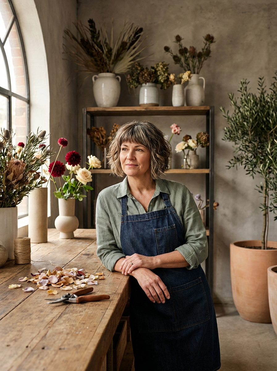 A woman in a green shirt and denim apron standing in a flower shop, with flowers and plants around her and a shelf with vases of flowers behind her.