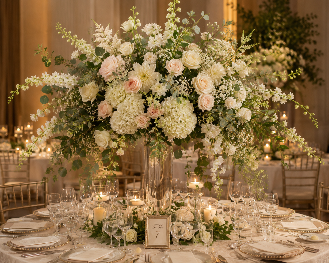 A grand centerpiece of white and soft pink roses, hydrangeas, and greenery on a table at a formal event, surrounded by elegant wine glasses, candles, and table settings in a decorated venue.