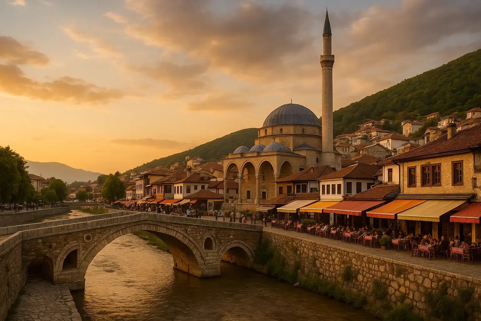 Eine Stadt am Fluss bei Sonnenuntergang mit einer Moschee, umgeben von Häusern und Bergen.