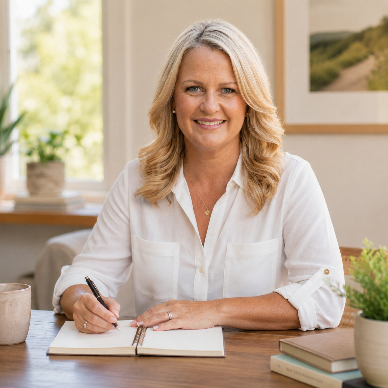 A smiling woman with blonde hair, wearing a white button-up shirt, seated at a wooden table with a notebook, pen, books, and potted plants in a well-lit room with a window and framed pictures on the wall.