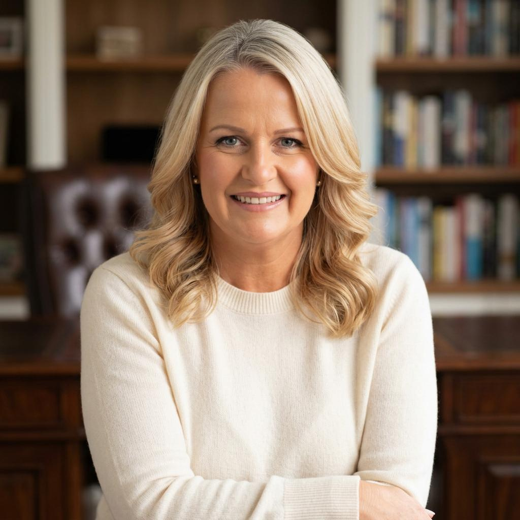 A woman with blonde, wavy hair smiling, sitting in a room with a wooden bookshelf filled with books in the background.