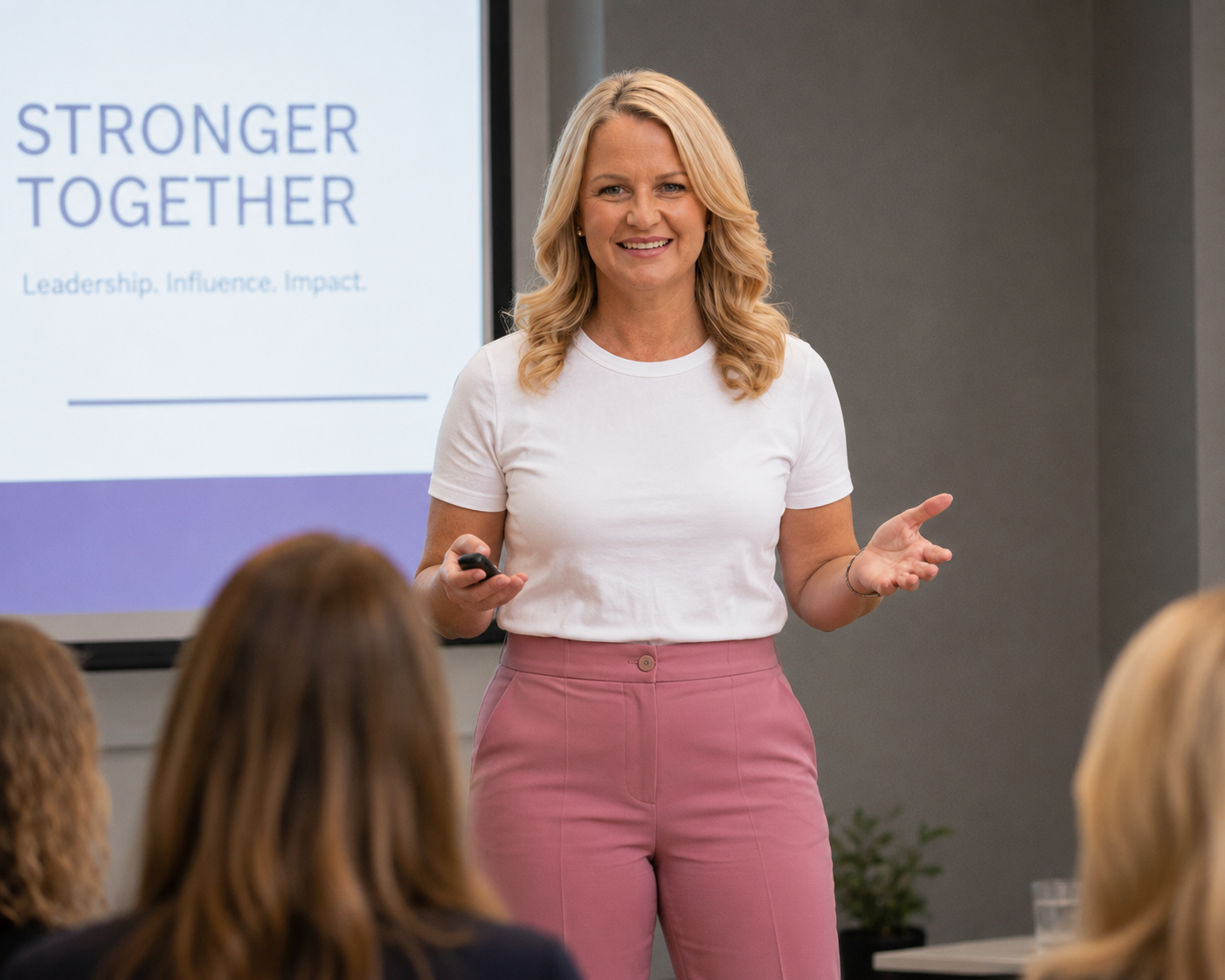 A woman delivering a presentation in a conference room with a screen behind her that reads "Stronger Together."