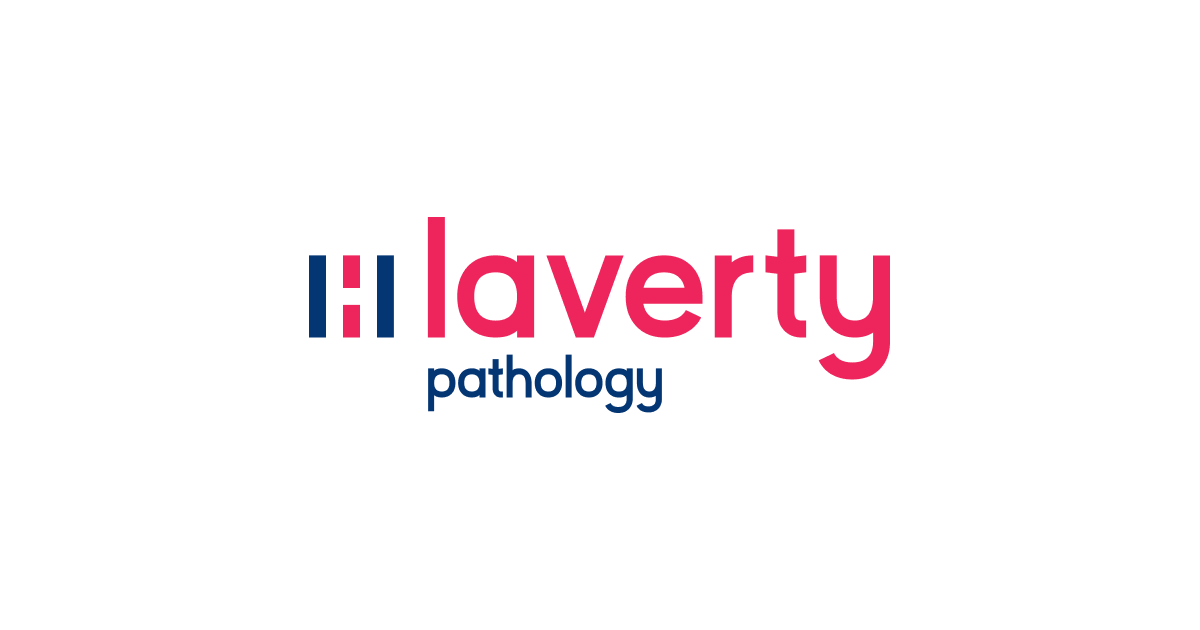 Text graphic with red and blue text that says 'Laverty pathology' with stylised vertical bars.