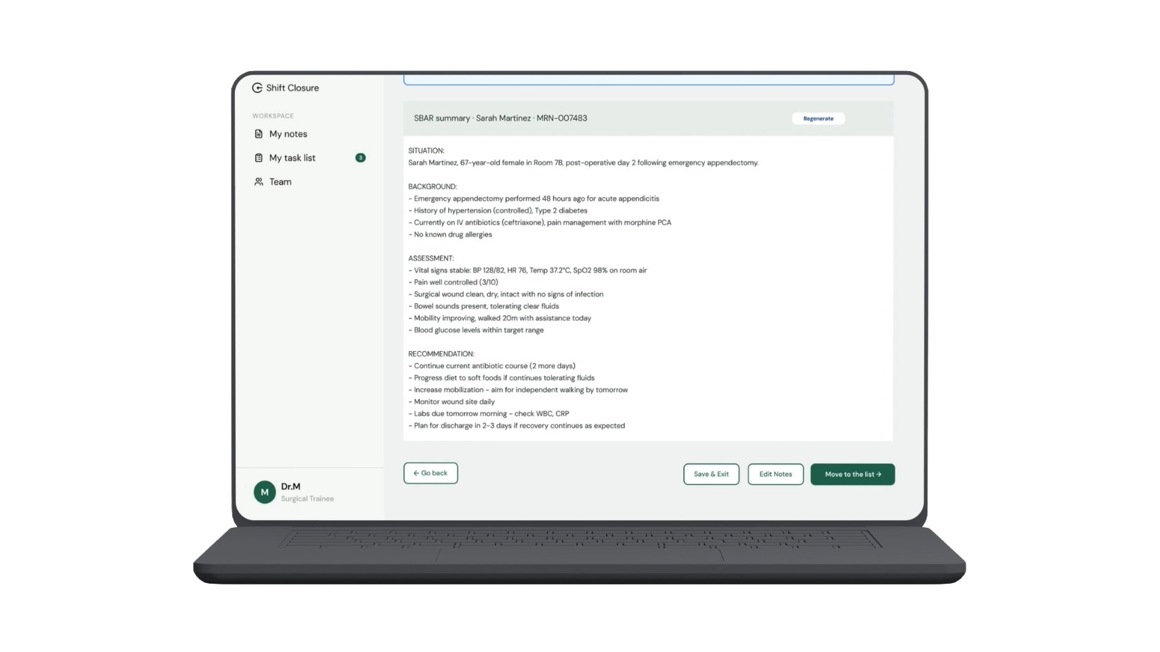 Laptop displaying medical notes and assessment summary for a patient named Sarah Martinez, with options to go back, save, edit notes, or move to the list.