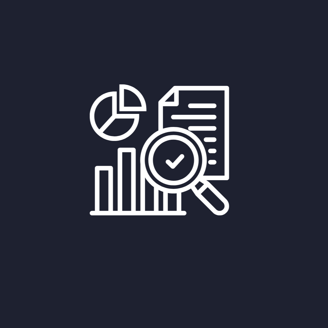 Line art icon of a magnifying glass with a checkmark, bar chart, pie chart, and document on a dark background.