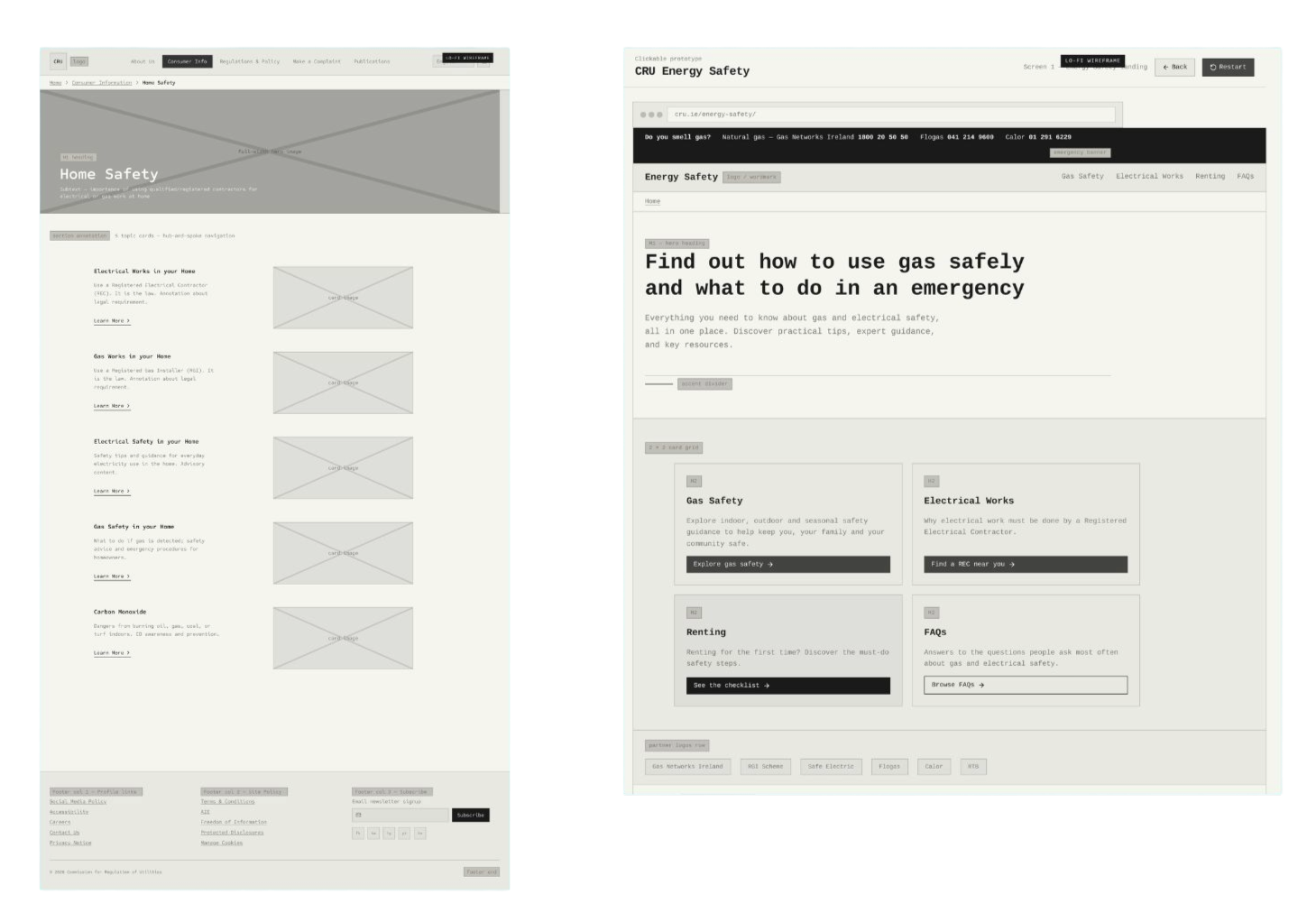 Two partially visible computer screens showing webpages about home safety and gas energy safety.
