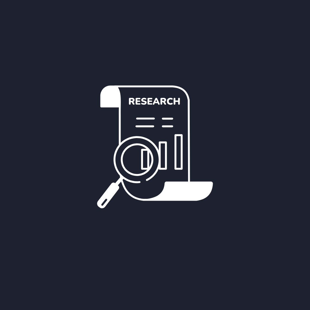 Icon of a research paper with a magnifying glass examining it, on a dark background.
