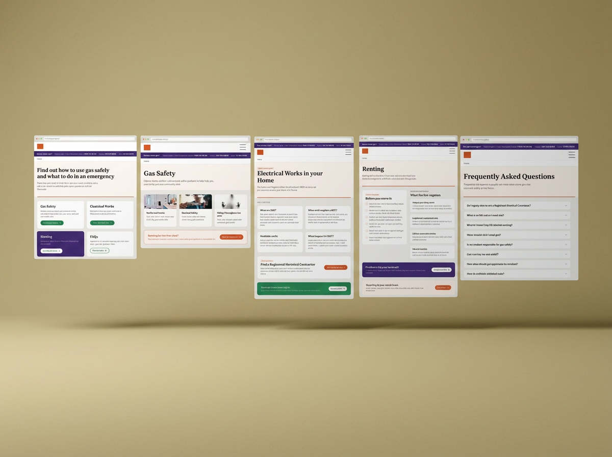 Screenshots of various informational web pages related to home safety, electrical work, rent, and frequently asked questions, displayed in a row with a beige background.