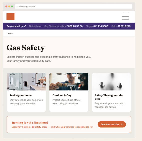 Screenshot of a gas safety webpage from Gas Networks Ireland, featuring sections on inside home safety, outdoor safety, and yearly safety tips, with a banner highlighting gas smell detection and a call-to-action button for safety checklist.