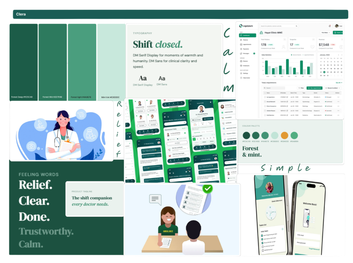 Collage of healthcare and app interface design concepts featuring a digital dashboard, mobile app screens, a female doctor illustration, and a patient interview scene, with text emphasizing relief, clarity, and trustworthiness.
