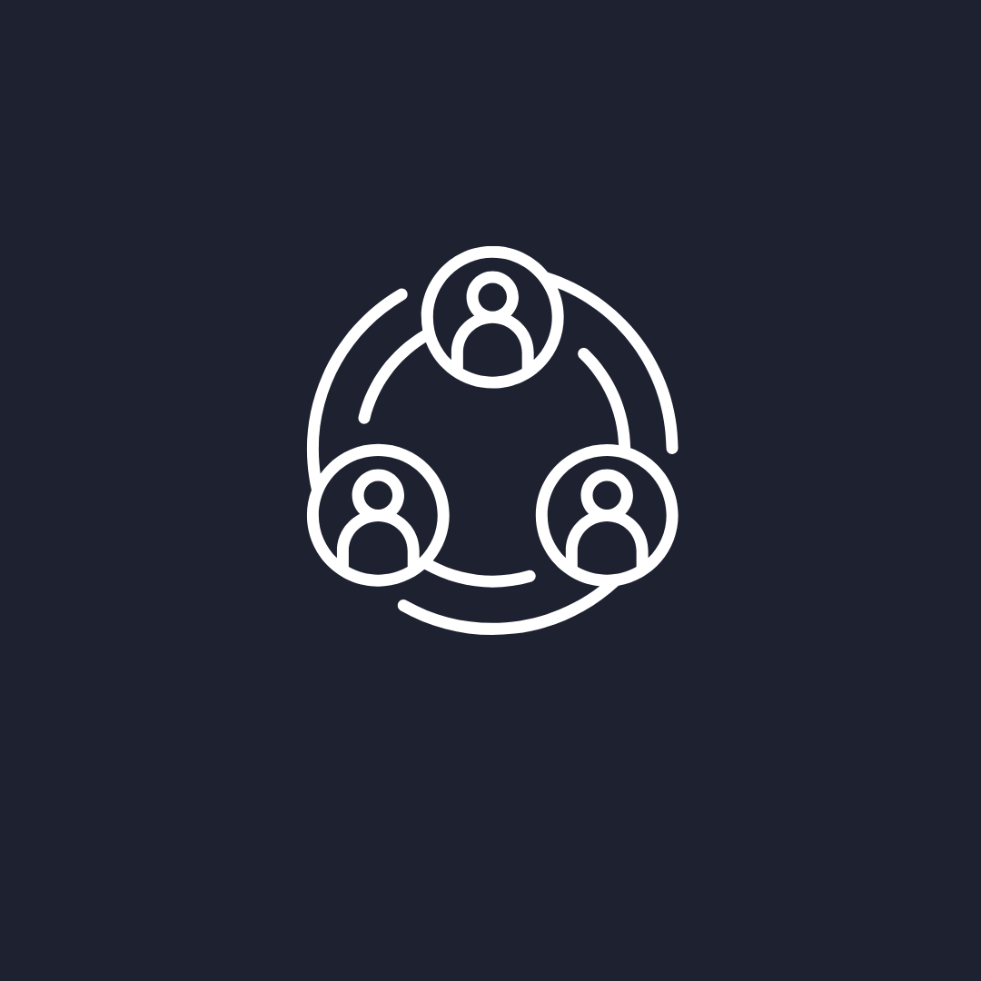 Line drawing of three people connected in a circle, representing social or team connection.