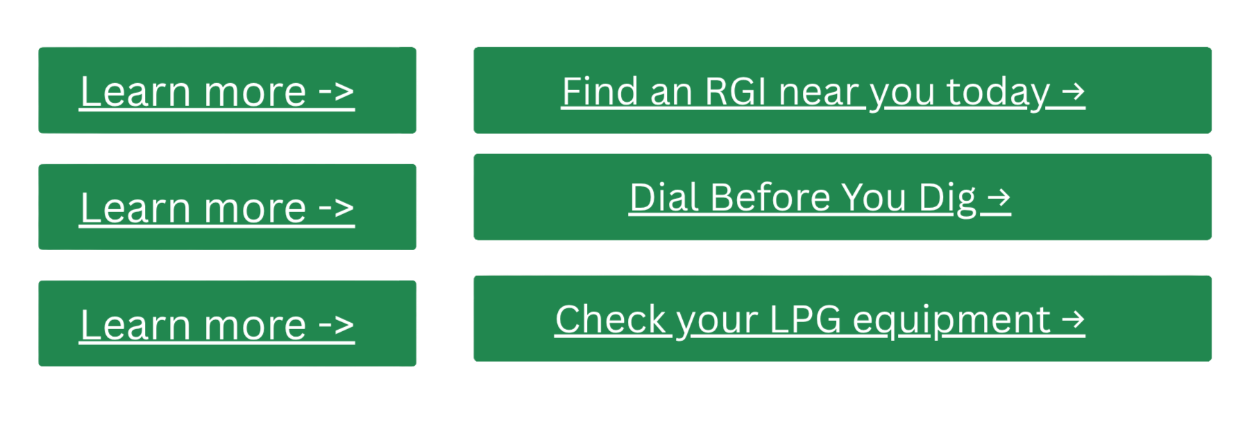 Six green clickable buttons with white text, arranged in three rows. The buttons have commands related to RGI and LPG equipment, such as 'Learn more ->', 'Find an RGI near you today ->', 'Dial Before You Dig ->', and 'Check your LPG equipment ->'.
