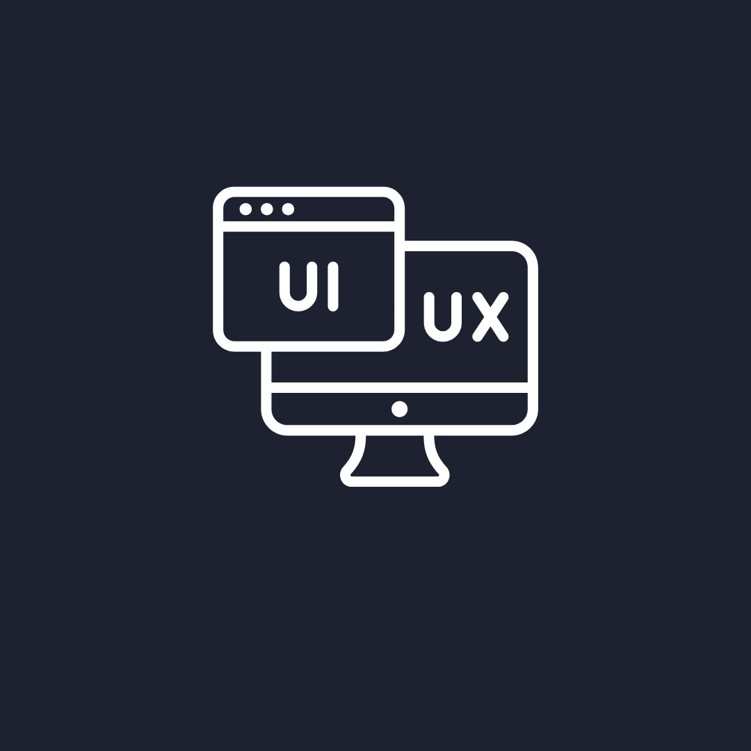 Icon depicting computer screens with UI and UX text, representing user interface and user experience design.