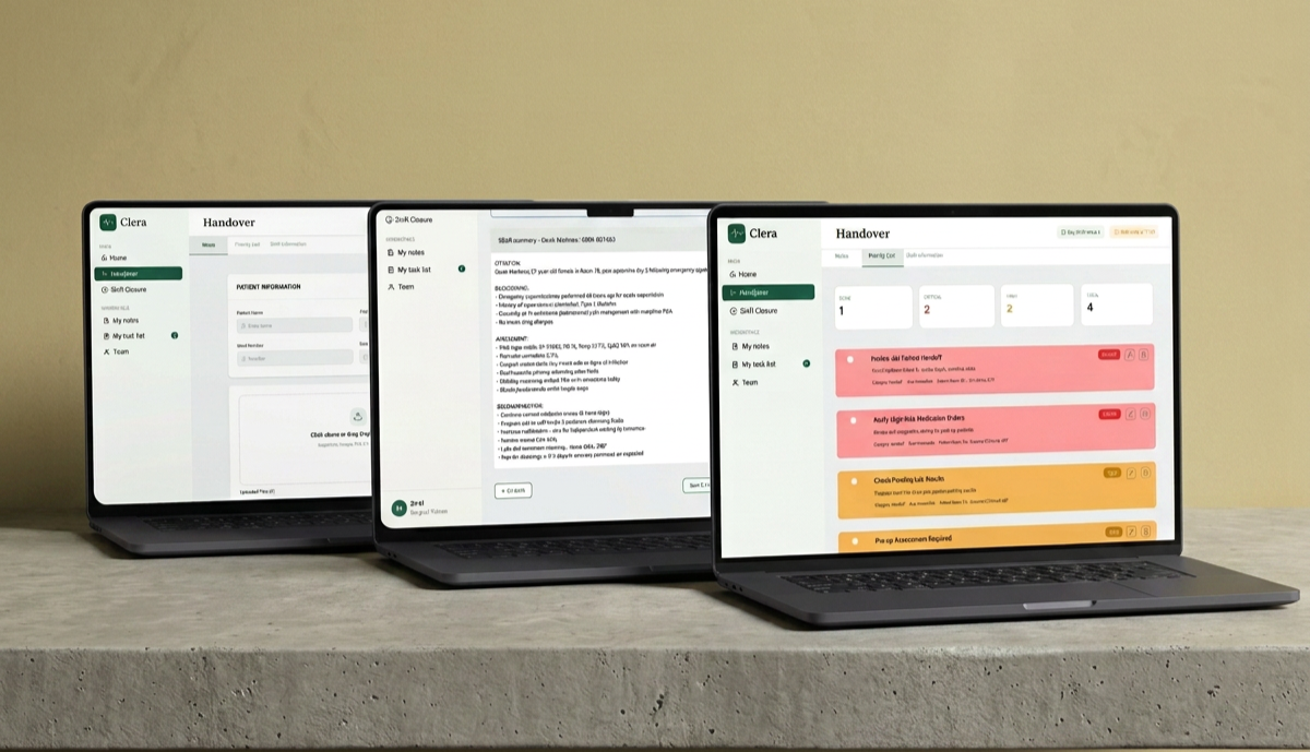 Three laptops on a concrete surface displaying a healthcare management software interface with patient information and handover notes.