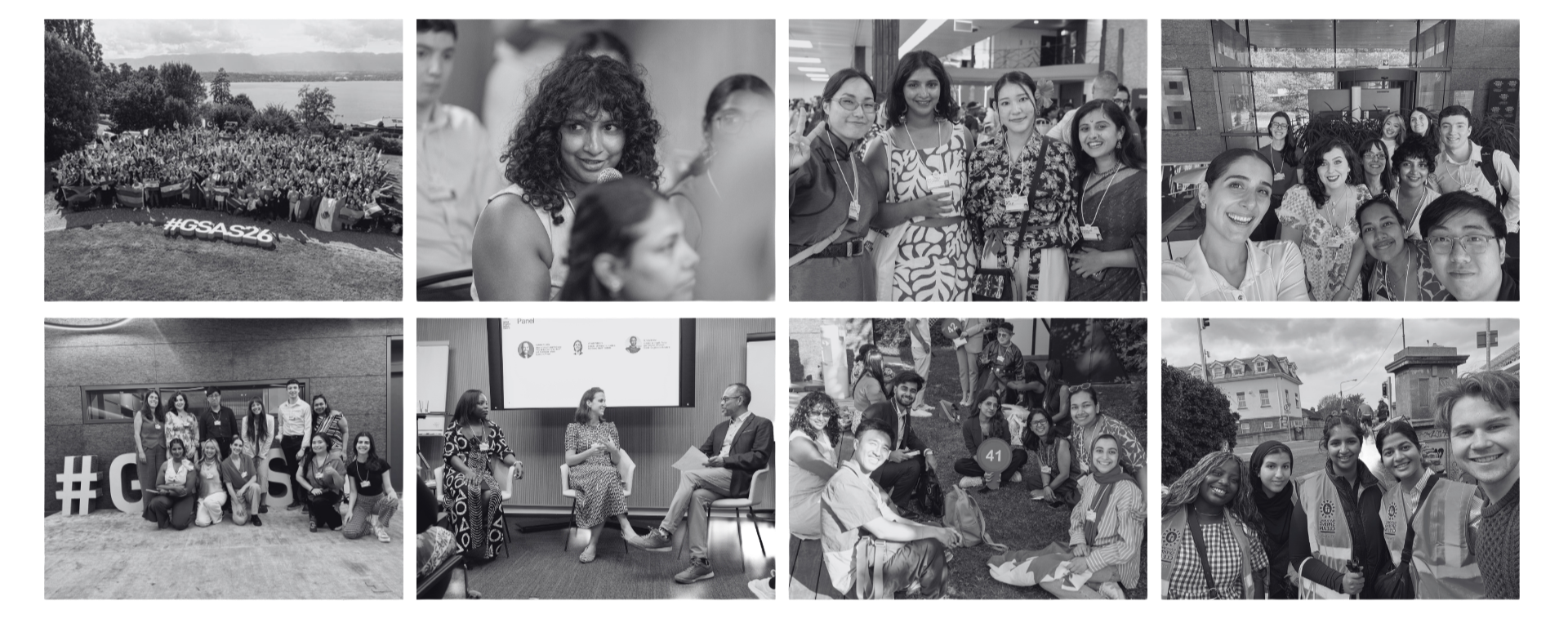 Collage of black-and-white photos from a conference or event, showing groups of diverse people in different settings including outdoor group photos, a woman speaking into a microphone, individuals participating in panel discussions, and groups seated on the grass or posing for selfies.