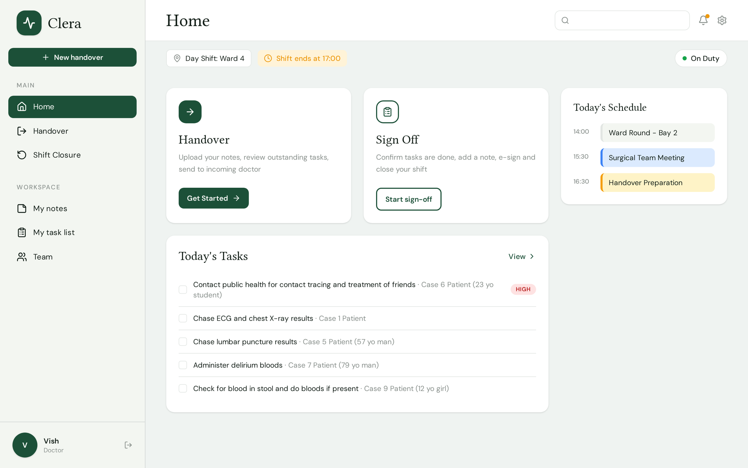 A hospital staff dashboard showing today's schedule, tasks, and shift details with menu options for notes, task list, and team, in a digital interface.