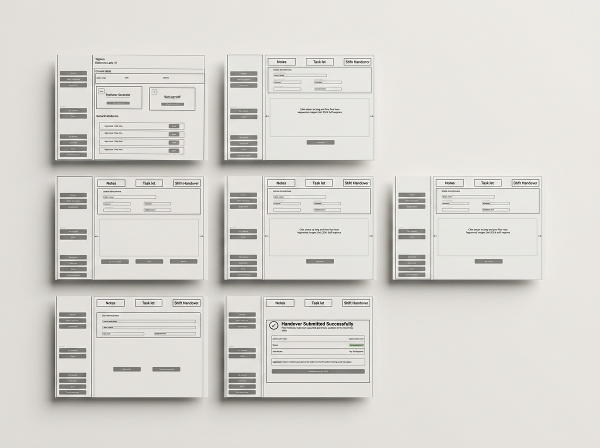 Collection of nine white digital forms with gray buttons and text, laid out on a light gray surface, used for notes, task lists, and handovers.