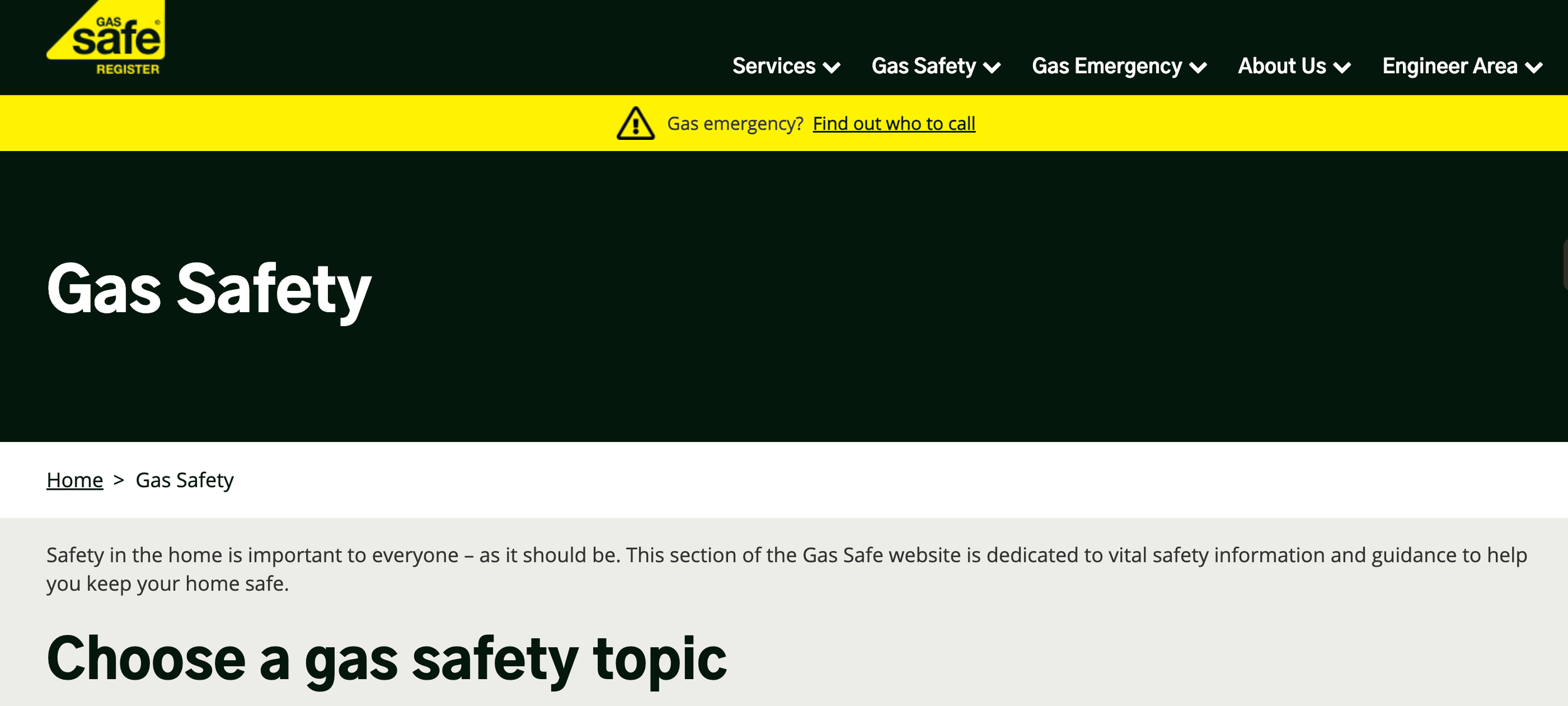 Screenshot of a website section titled 'Gas Safety' from Gas Safe Register, featuring navigation links and a yellow emergency notice bar.