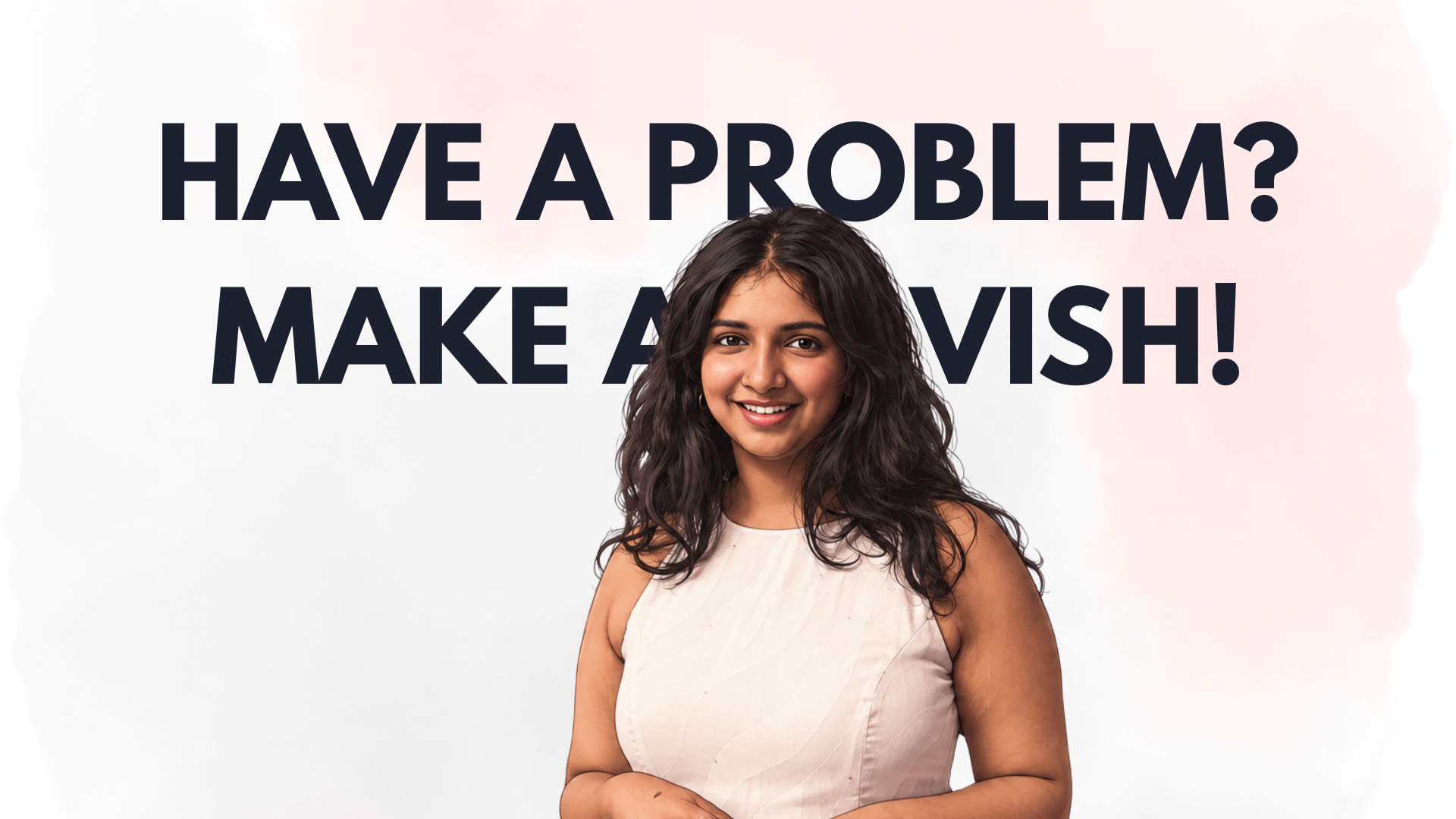 A smiling woman with dark hair wearing a sleeveless white top standing in front of a white background with the text