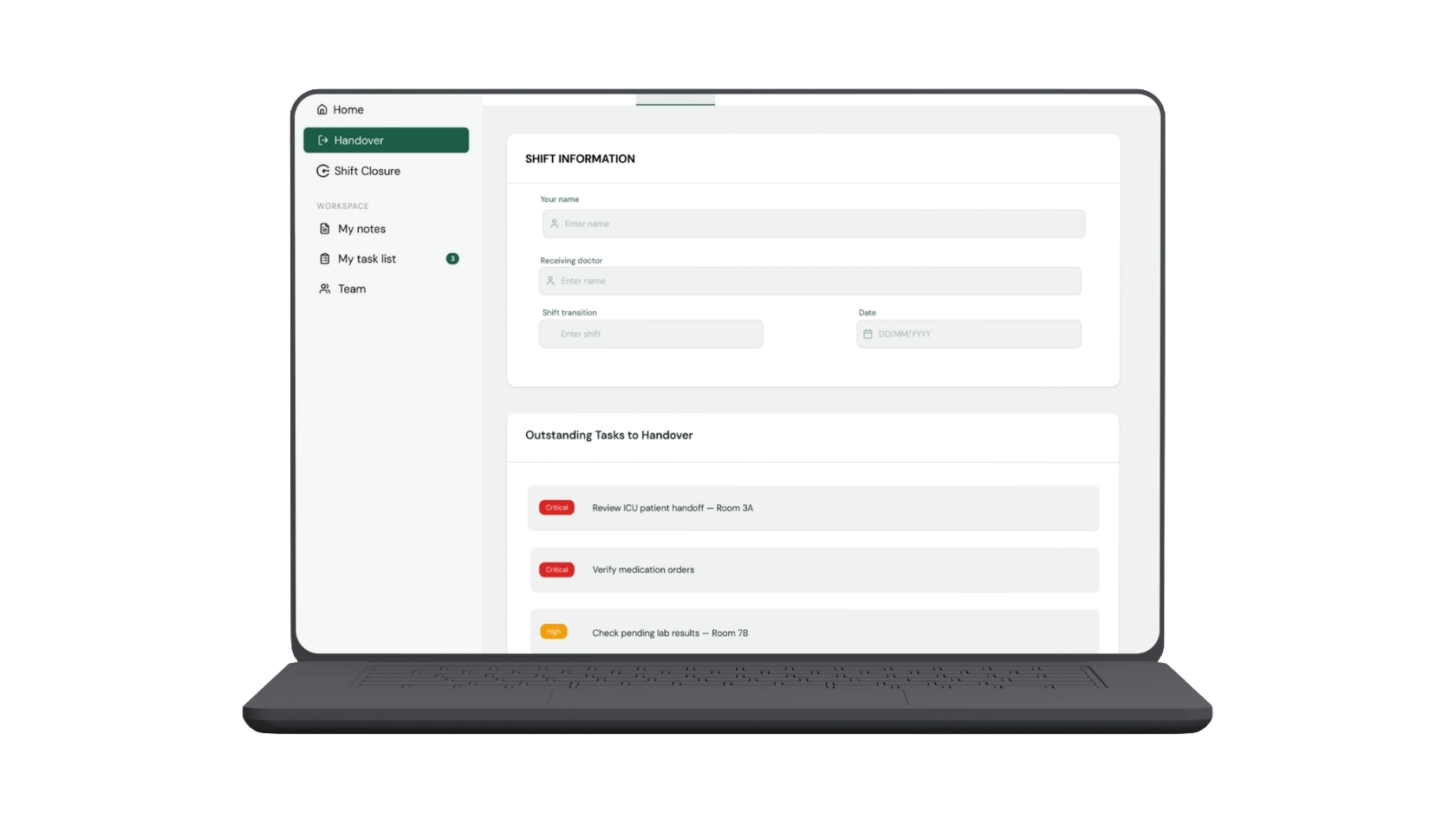 Laptop screen displaying hospital shift management software with sections for shift information and outstanding tasks to handover.