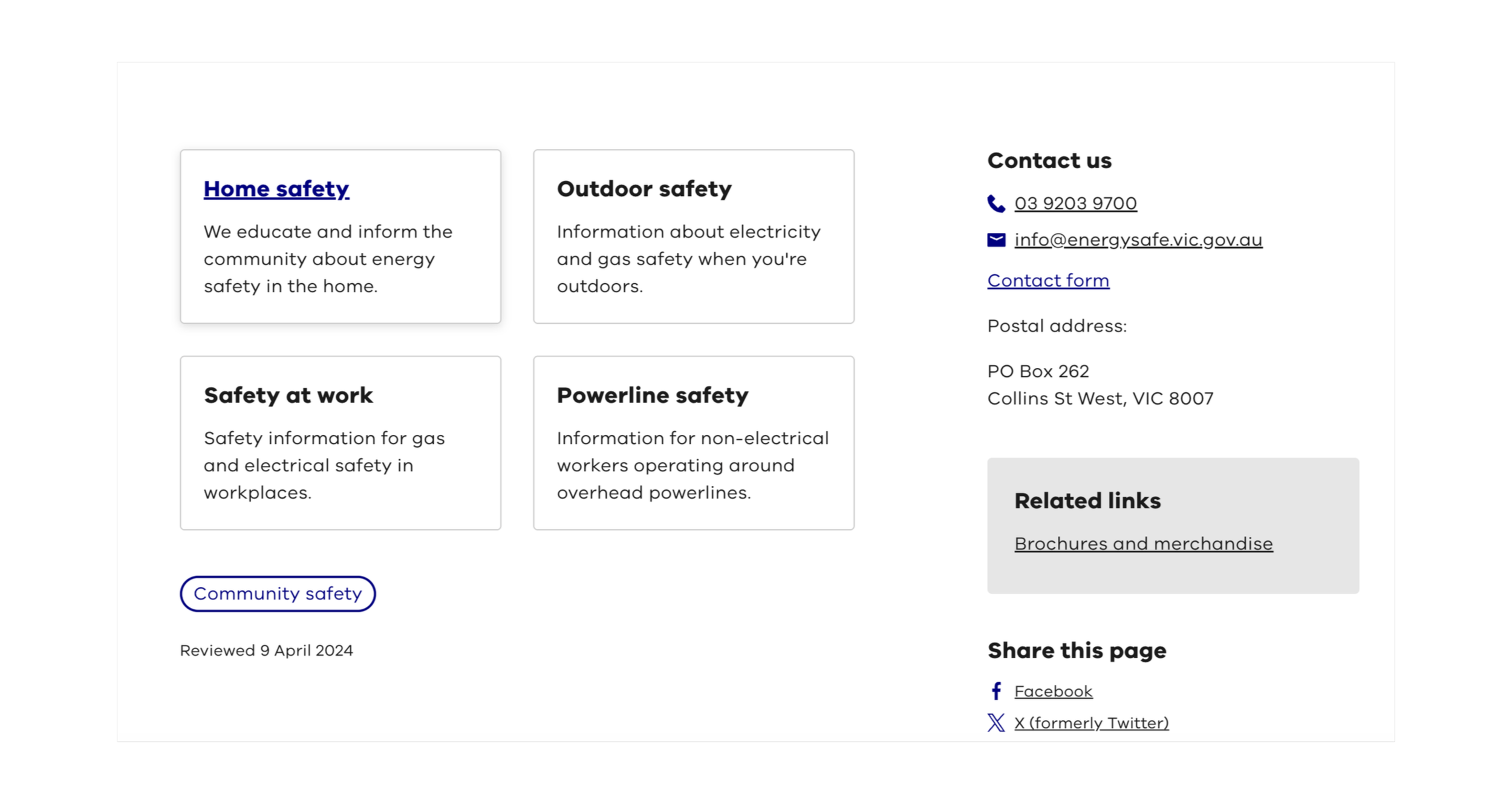 Screenshot of a webpage with sections on home safety, outdoor safety, safety at work, and powerline safety, including contact information and social media links.